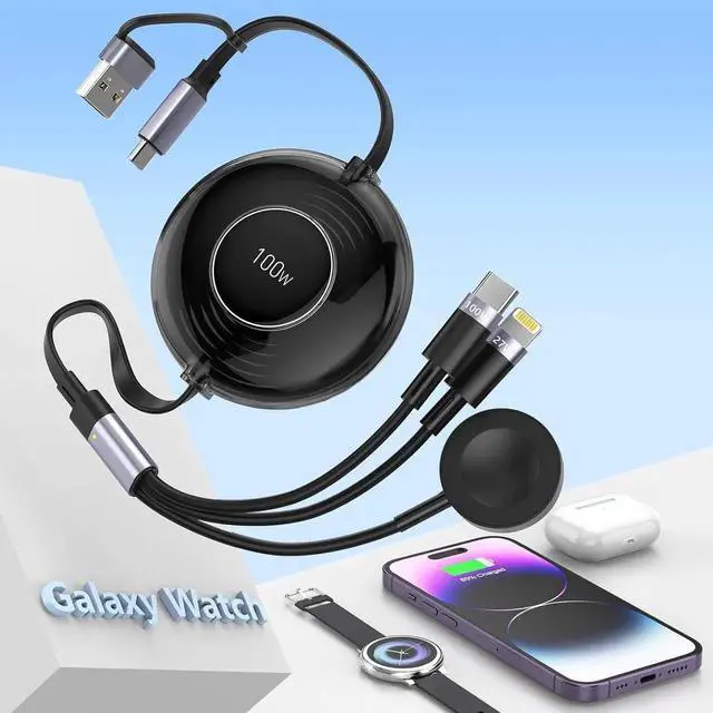 Main image of Retractable 100W Galaxy Watch Charger Fast Charge Cable - Multi 3-in-2 USB C/A to Lightning+USB C for Watch 6/5/4/3/2/Pro/Active iPhone 15/14/13/12 S24/23/S22
