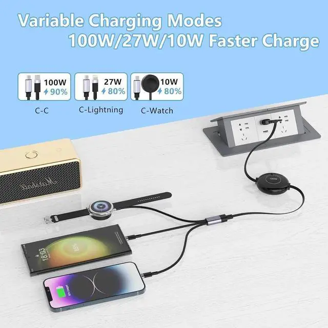 Alt view image 4 of 7 - Retractable 100W Galaxy Watch Charger Fast Charge Cable - Multi 3-in-2 USB C/A to Lightning+USB C for Watch 6/5/4/3/2/Pro/Active iPhone 15/14/13/12 S24/23/S22