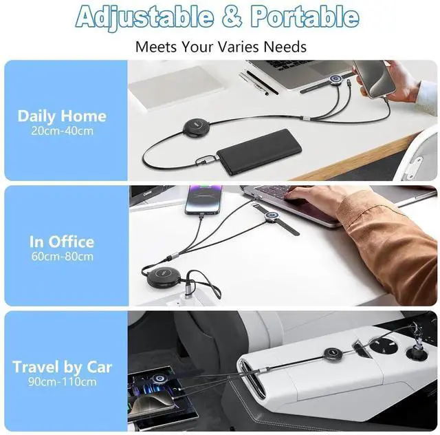 Alt view image 5 of 7 - Retractable 100W Galaxy Watch Charger Fast Charge Cable - Multi 3-in-2 USB C/A to Lightning+USB C for Watch 6/5/4/3/2/Pro/Active iPhone 15/14/13/12 S24/23/S22