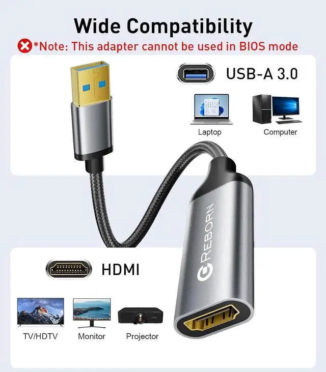 Alt view image 2 of 7 - JAENFONG USB to HDMI Adapter 1080P@60Hz USB 3.0 Male to HDMI Female Multi-Display Cable Converter Suitable for MacOS Windows 7/8/10/11