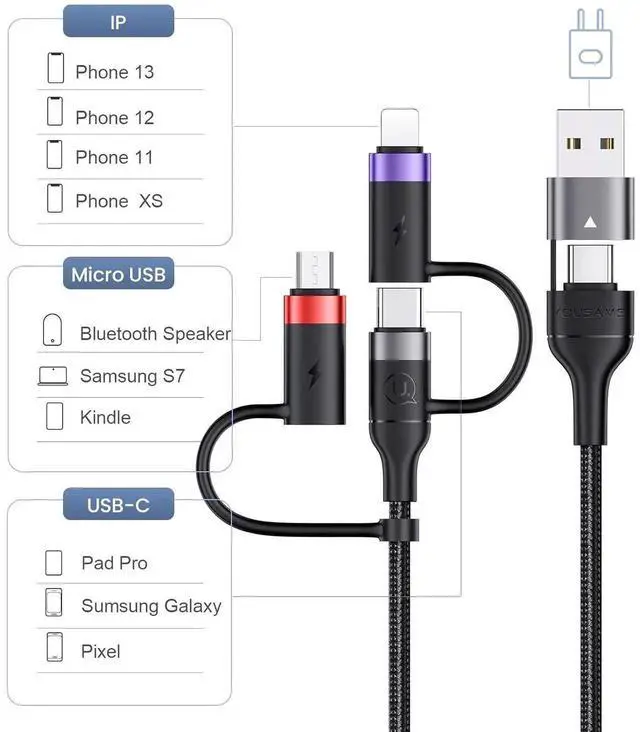 Alt view image 6 of 7 - PD 60W USB C Multi Fast Charging Cable Nylon Braided Cord 5-in-1 3A USB/C to Type C/Micro/Phone Fast Sync Charger Adapter Compatible with Laptop/Tablet/Phone (4FT Grey)