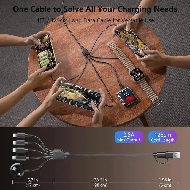 Alt view image 3 of 7 - 5-in-2 Multi Charging Cable for Watch Charger: USB A/C Input Lightning/Type C/Micro/Mini B/Wireless Output Compatible with iPhone 15-13 iWatch 1-9 Galaxy S23-22 4FT (Black)
