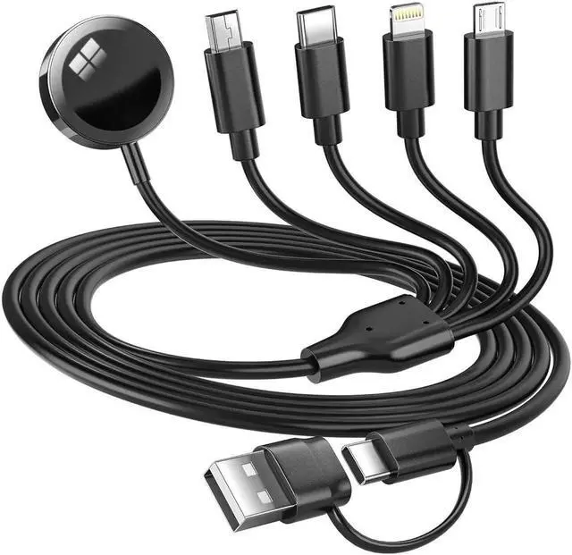 Main image of 5-in-2 Multi Charging Cable for Watch Charger: USB A/C Input Lightning/Type C/Micro/Mini B/Wireless Output Compatible with iPhone 15-13 iWatch 1-9 Galaxy S23-22 4FT (Black)