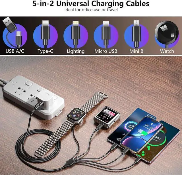 Alt view image 7 of 7 - 5-in-2 Multi Charging Cable for Watch Charger: USB A/C Input Lightning/Type C/Micro/Mini B/Wireless Output Compatible with iPhone 15-13 iWatch 1-9 Galaxy S23-22 4FT (Black)