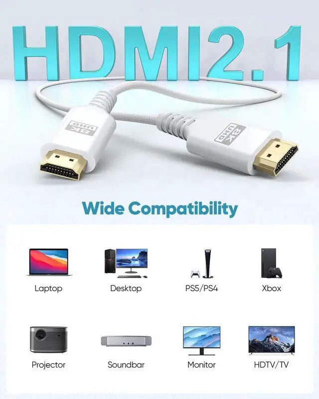 Alt view image 4 of 7 - JAENFONG 8K White HDMI Cable 6.6FT/2M 48Gbps Ultra High Speed HDMI 2.1 Cable eARC Braided HDMI Cord with 8K@60Hz 4K@120Hz HDR10+ Dolby 3D HDCP2.3 for Laptop/Monitor/HDTV/Soundbar/Blu-ray/PS5/Xbox