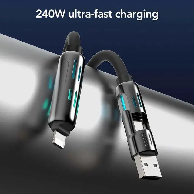 Alt view image 4 of 6 - 4-in-1 Universal Multi USB Charging Cable 240W Max Fast Charger Cord with Multiple Connectors for iPhone 16/15/14/13 iPad MacBook Tablets & More (Rich Black 10FT Value Edition)