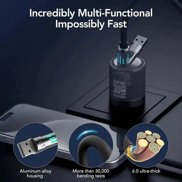 Alt view image 5 of 6 - 4-in-1 Universal Multi USB Charging Cable 240W Max Fast Charger Cord with Multiple Connectors for iPhone 16/15/14/13 iPad MacBook Tablets & More (Rich Black 10FT Value Edition)