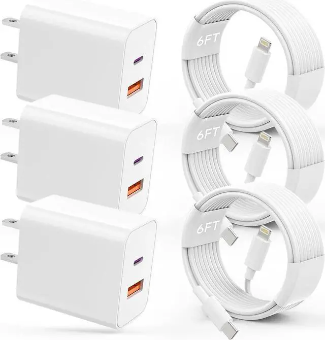 Main image of USB C Charger iPhone Charger Fast Charging 3Pack 20W PD+QC3.0 USB A Dual Port Wall Charger Block with 6FT USB C to Lightning Cable Compatible with iPhone 14 Pro Max/13Pro/12/11/XS/XR/X