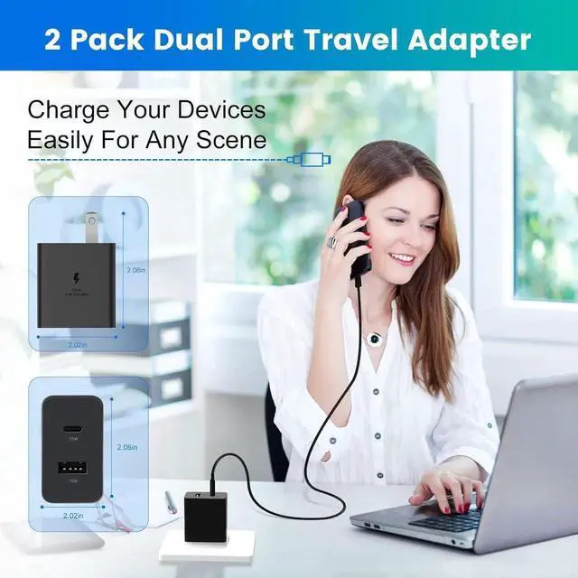 Alt view image 2 of 6 - USB C Charger Block 2 Pack 35W Dual Port Wall Charger QC PD3.0 USB C Fast Charging Block Type C Plug for Galaxy S23 S22 S21 Ultra/iPhone 15/14/13/12/11 and More USB C and USB A Devices (Black)