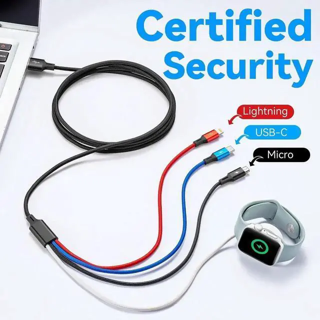 Alt view image 2 of 6 - Upgraded Multi Charging Cable 3.5A 6Ft 4 in 1 Braided Multi Fast Charging Cord with Lightning/Type C/Micro port for Watch Charger Magnetic Wireless iWatch UItra/SE/Series 9-1/iPhone 15 14/Galaxy