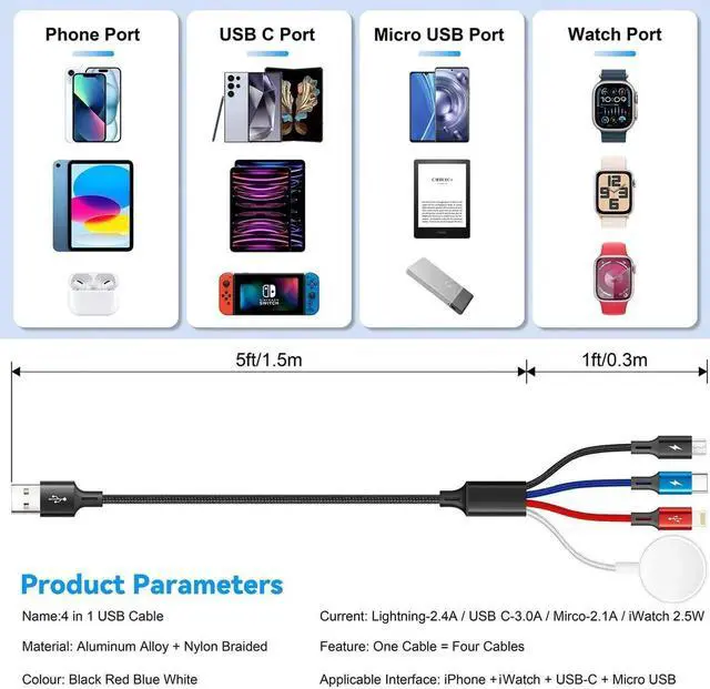 Alt view image 3 of 6 - Upgraded Multi Charging Cable 3.5A 6Ft 4 in 1 Braided Multi Fast Charging Cord with Lightning/Type C/Micro port for Watch Charger Magnetic Wireless iWatch UItra/SE/Series 9-1/iPhone 15 14/Galaxy