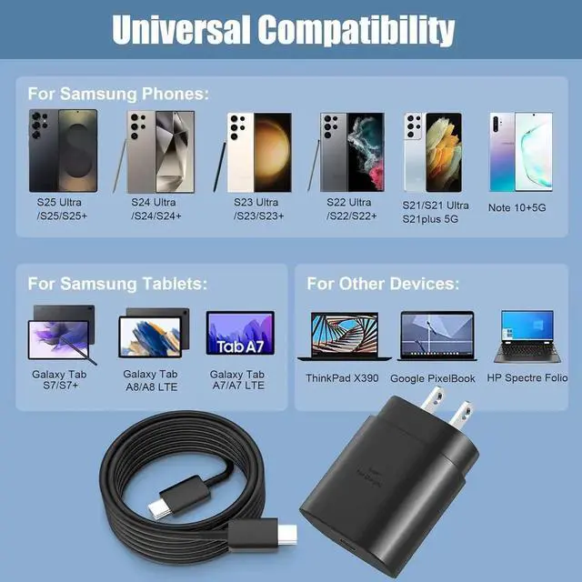 Alt view image 3 of 6 - S25 S24 S23 S22 Fast Charger USB Type C Charger 25W Android Phone Charger Fast Charging Block & 10ft USB C Chargers Cable Cord for Galaxy S25/S24/S23/S22/S21/S20/Plus/Ultra/FE Black