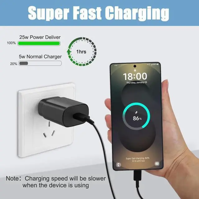 Alt view image 6 of 6 - S25 S24 S23 S22 Fast Charger USB Type C Charger 25W Android Phone Charger Fast Charging Block & 10ft USB C Chargers Cable Cord for Galaxy S25/S24/S23/S22/S21/S20/Plus/Ultra/FE Black