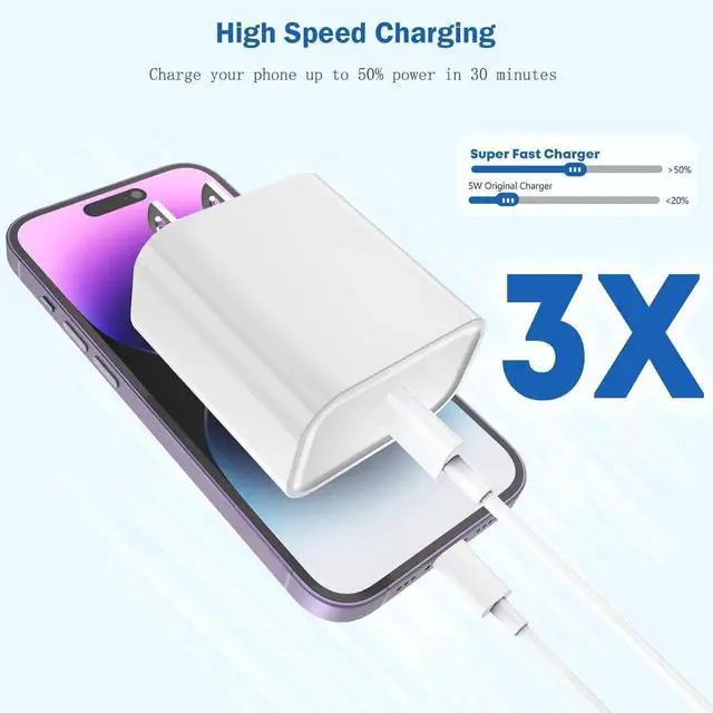 Alt view image 3 of 7 - iPhone Charger Fast Charging PD 20W USB C Wall Charger Block iPhone 14 Fast Charger with 3 FT USB C to Lightning Cable Cord Type-C Power Adapter Cube for iPhone 14/13/12/11/Xs Max/XR/X/8/7/SE/AirPods
