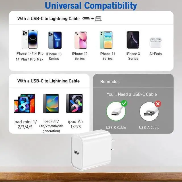 Alt view image 4 of 7 - iPhone Charger Fast Charging PD 20W USB C Wall Charger Block iPhone 14 Fast Charger with 3 FT USB C to Lightning Cable Cord Type-C Power Adapter Cube for iPhone 14/13/12/11/Xs Max/XR/X/8/7/SE/AirPods