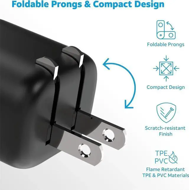 Alt view image 7 of 7 - USB-C Wall Charger Fast Charging Power Adapter Foldable Prongs Travel-Friendly for Compatible with iPhone iPad Galaxy Google Pixel (30W Black)