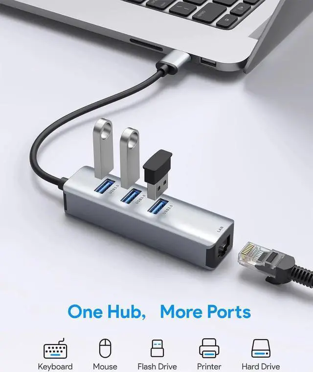 Alt view image 4 of 5 - JAENFONG USB 3.0 to Ethernet Adapter 3-Port USB 3.0 Hub with RJ45 10/100/1000 Gigabit Ethernet Adapter Support Windows 10 8.1 Mac OS Surface Pro Linux Chromebook and More