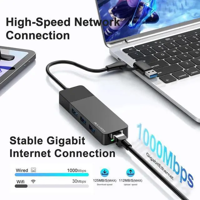 Alt view image 4 of 7 - JAENFONG ALL-LUCKY USB to Ethernet Adapter 4 in 1 USB C to Ethernet Adapter Hub with 3 x USB 3.0 Port/Gigabit Internet Port High-Speed Network Hub Compatible for iMac MacBook ProiPad ProXPS