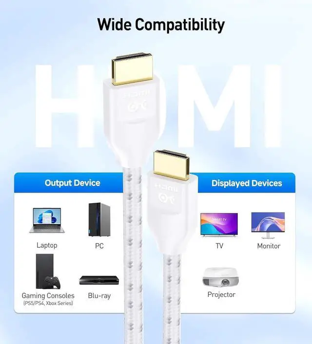 Alt view image 7 of 7 - JAENFONG [Ultra High Speed HDMI Certified] Braided 48Gbps 8K HDMI Cable 6.6 ft / 2m with 8K@60Hz 4K@240Hz and HDR Support for PS5 Xbox Series X/S RTX3080 / 3090 TV and More in White