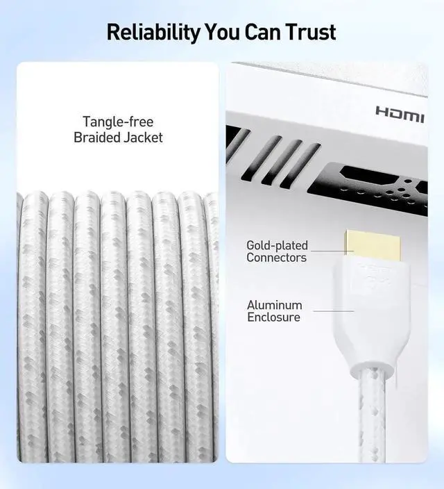 Alt view image 3 of 7 - JAENFONG [Ultra High Speed HDMI Certified] Braided 48Gbps 8K HDMI Cable 6.6 ft / 2m with 8K@60Hz 4K@240Hz and HDR Support for PS5 Xbox Series X/S RTX3080 / 3090 TV and More in White