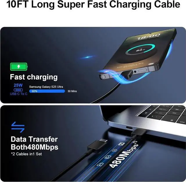 Alt view image 4 of 6 - Super Fast Charger Type C 25W USB C Wall Charger Fast Charging for Galaxy S25 Ultra/S25/S25+/S24+/S24 Ultra/S24/S24+/S23 Ultra/S22 Ultra/S21 with 10FT Long Android Type C Charger Cable 2Pack