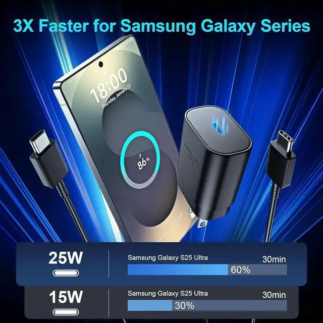 Alt view image 2 of 6 - Super Fast Charger Type C 25W USB C Wall Charger Fast Charging for Galaxy S25 Ultra/S25/S25+/S24+/S24 Ultra/S24/S24+/S23 Ultra/S22 Ultra/S21 with 10FT Long Android Type C Charger Cable 2Pack