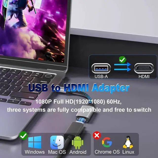 Alt view image 3 of 6 - JAENFONG USB to HDMI Adapter 1080P 60Hz USB A 3.0 to HDMI Adapter for Monitor TV Projectors Compatible with Mac OS Windows 7/8/10/11 - Requires Driver Installation