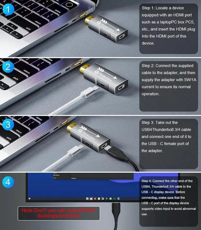 Alt view image 7 of 7 - JAENFONG HDMI to USB C Adapter 4K 60Hz | Uni-Directional HDMI Source to USB-C Display Adapter for AR Glasses XREAL OneAir 2 Pro/VITURE Pro/RayNeo Air 2s/Rokid PS5 Portable Monitors - 1 Pack