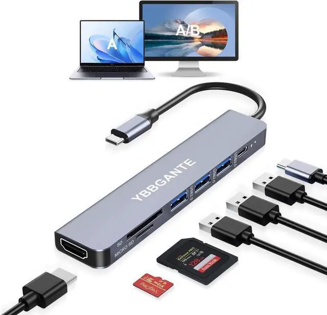 Main image of JAENFONG USBC Multiport Adapter USB c to USB hub 7 in 1 dongle Adapter USB c hub multiport Adapter with SD Card Reader 100W PD 4K30hz hdmi USB hub USB C Adapter for MacBook Pro