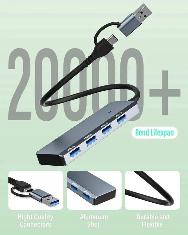 Alt view image 6 of 7 - JAENFONG USB 3.0 Hub 4 Ports 5Gbps Dual USB-A/C Aluminum Splitter Ultra-Slim Multiport Expander Adapter for iPhone 16/15 MacBook iPad Laptop PC Desktop HDD Keyboard Mouse Xbox PS5 Android