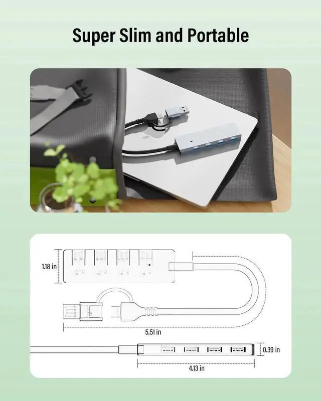 Alt view image 5 of 7 - JAENFONG USB 3.0 Hub 4 Ports 5Gbps Dual USB-A/C Aluminum Splitter Ultra-Slim Multiport Expander Adapter for iPhone 16/15 MacBook iPad Laptop PC Desktop HDD Keyboard Mouse Xbox PS5 Android