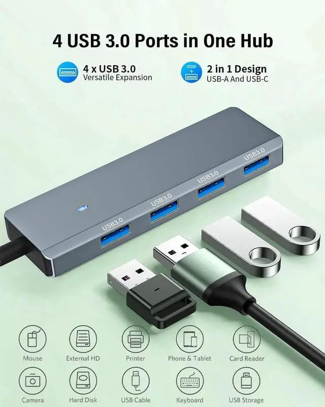 Alt view image 3 of 7 - JAENFONG USB 3.0 Hub 4 Ports 5Gbps Dual USB-A/C Aluminum Splitter Ultra-Slim Multiport Expander Adapter for iPhone 16/15 MacBook iPad Laptop PC Desktop HDD Keyboard Mouse Xbox PS5 Android