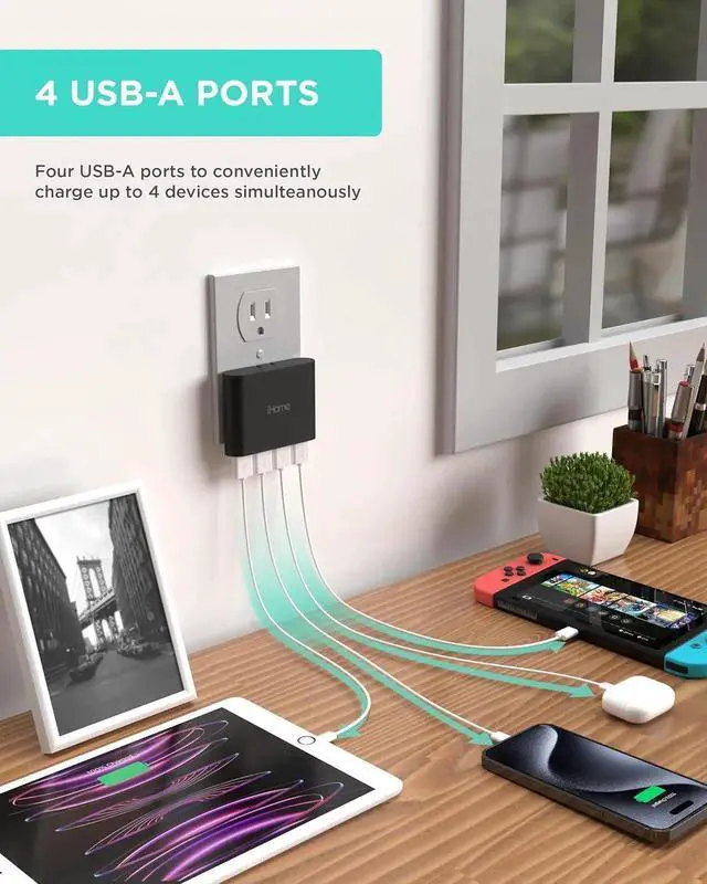 Alt view image 4 of 7 - JAENFONG Slim 4-Port USB Wall Charger AC Pro Multiport Plug Adapter Phone Charging Block with 4 Ports Flat USB Wall Adapter for Home & Travel