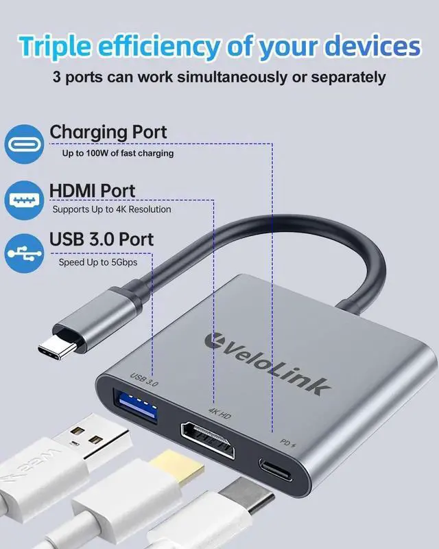 Alt view image 3 of 7 - usbc to hdmi Adapter hdmi to USB c with 100W PD & USB 3.0 4K HDMI to Typec Adapter USB C Hub Multiport AV Converter Compatible with MacBook Laptops iPhone PC Nintendo Switch steam Deck rog Ally