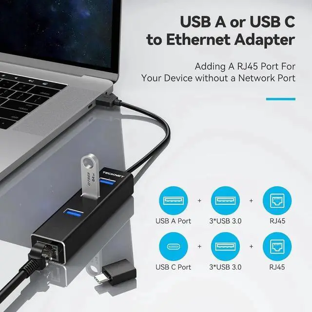 Alt view image 4 of 7 - JAENFONG USB C to Ethernet Aluminum 3 Port USB 3.0 Hub with RJ45 10/100/1000 Gigabit Ethernet Adapter Converter LAN Wired Network Adapter for Laptop