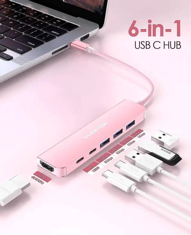 Alt view image 3 of 7 - JAENFONG USB C Hub Multiport with 4K HDMI Port 3xUSB-A Ports USB-C Data Port 100W PD Port Compatible New MacBook Pro/Air iPhone 15 Pro/Pro Max Surface Chromebook More(CE35s Rose Gold)