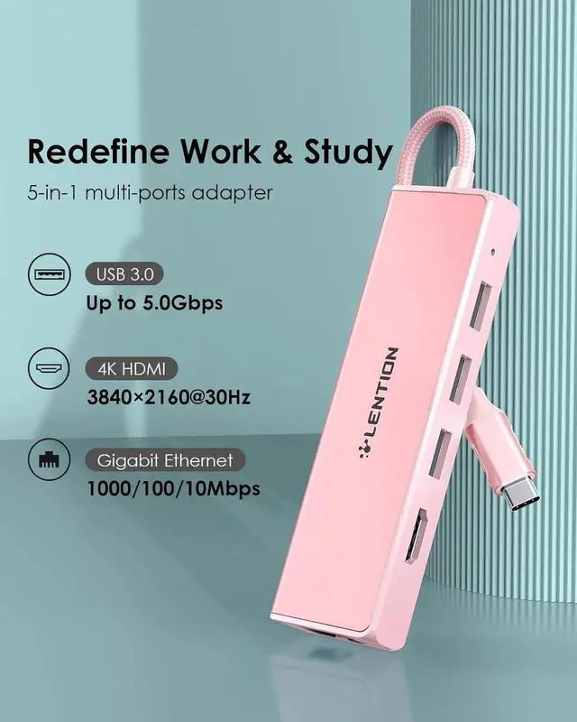 Alt view image 4 of 7 - JAENFONG USB C Hub with Gigabit Ethernet Adapter 4K HDMI 3 USB 3.0 Port for 2024-2016 MacBook Pro 13/14/15/16 New Mac Air & Surface Chromebook More Stable Driver Certified (CB-C25 Rose Gold