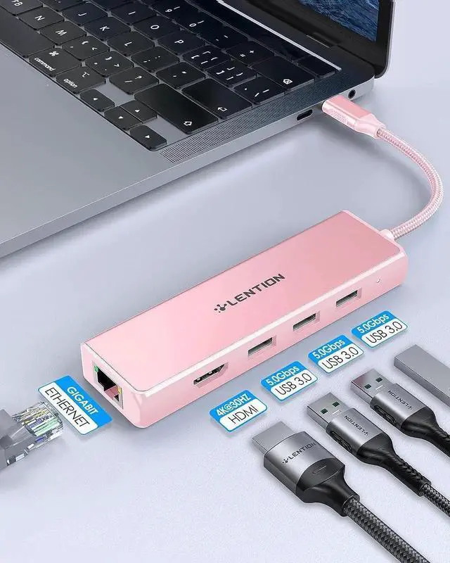 Alt view image 3 of 7 - JAENFONG USB C Hub with Gigabit Ethernet Adapter 4K HDMI 3 USB 3.0 Port for 2024-2016 MacBook Pro 13/14/15/16 New Mac Air & Surface Chromebook More Stable Driver Certified (CB-C25 Rose Gold