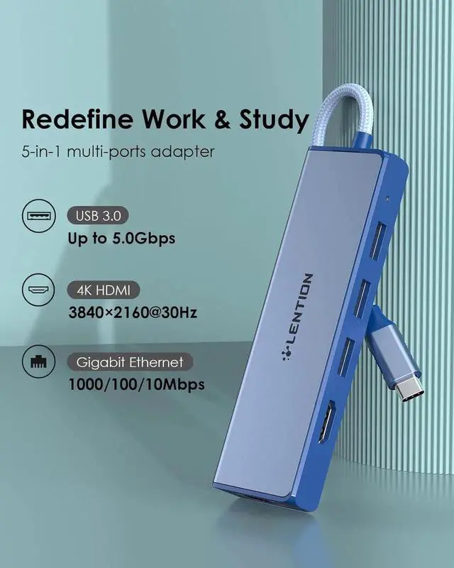 Alt view image 4 of 7 - JAENFONG USB C Hub with Gigabit Ethernet Adapter 4K HDMI 3 USB 3.0 for 2023-2016 MacBook Pro 13/14/15/16 New Mac Air & Surface Chromebook More Stable Driver Certified (CB-C25 Blue)