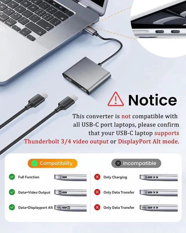 Alt view image 6 of 7 - JAENFONG USB C to Dual HDMI Adapter with 2 4K@60Hz HDMI Docking Station Type C to HD Splitter for 2 Monitors Suitable for MacBook Air/Pro HP Chromebook Surface USB Type C Laptops