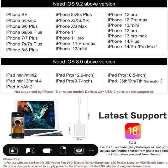 Alt view image 6 of 7 - JAENFONG USB Camera Adapter with Charging Port Portable USB Female OTG Adapter Suitable for iPhone iPad Plug and Play Adapter for iPad Support Card Reader
