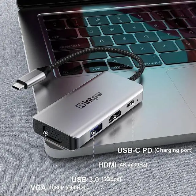 Alt view image 2 of 7 - JAENFONG USB C to VGA Adapter USB-C to HDMI 4K Multiport Adapter for MacBook Pro/MacBook Air/ipad Pro/ XPS/Nintendo Switch with Thunderbolt 3 Port