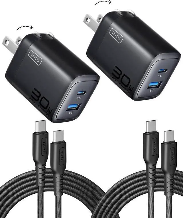 Main image of USB C Charger Block 2-Pack 30W Fast Charging Type C Wall Charger with Foldable Plug and 5ft USB-C Cable for iPhone 16 15 S25 S24 iPad Pro and More Series
