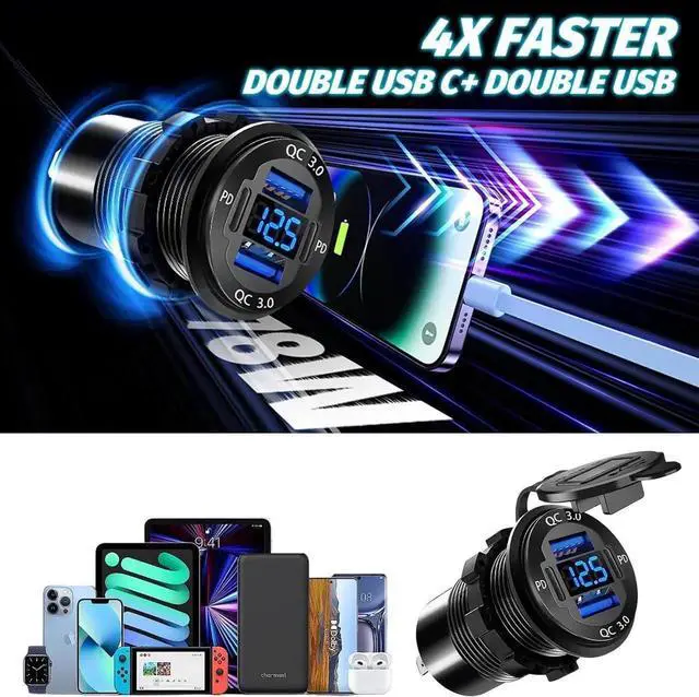 Alt view image 5 of 7 - Upgraded 12V USB Charger with 4 Ports - Aluminum Alloy Car Outlet with LED Voltmeter for Cars Golf Carts Boats RVs Trucks and Motorcycles (Pack of 1)