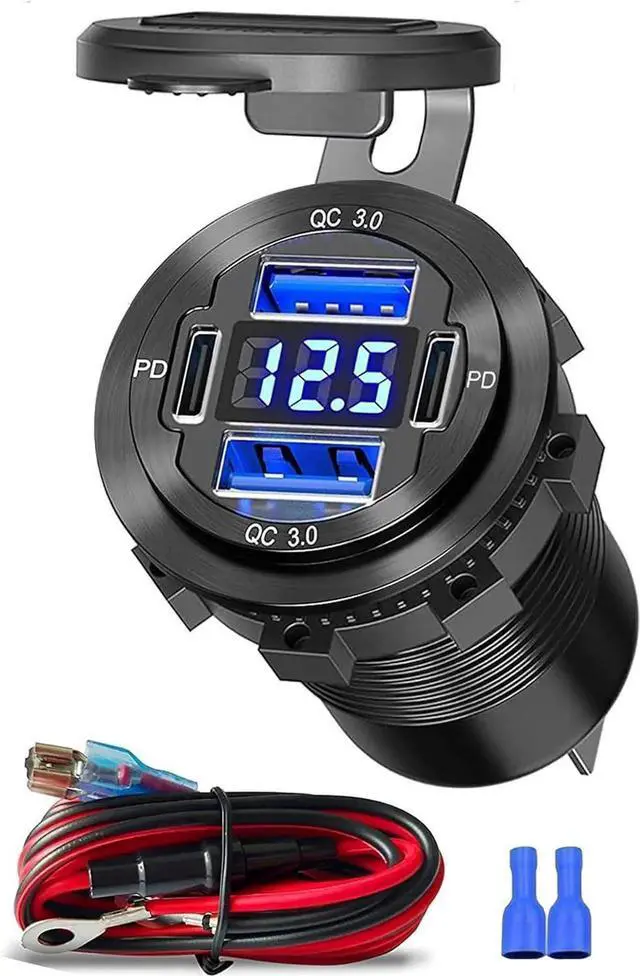 Main image of Upgraded 12V USB Charger with 4 Ports - Aluminum Alloy Car Outlet with LED Voltmeter for Cars Golf Carts Boats RVs Trucks and Motorcycles (Pack of 1)