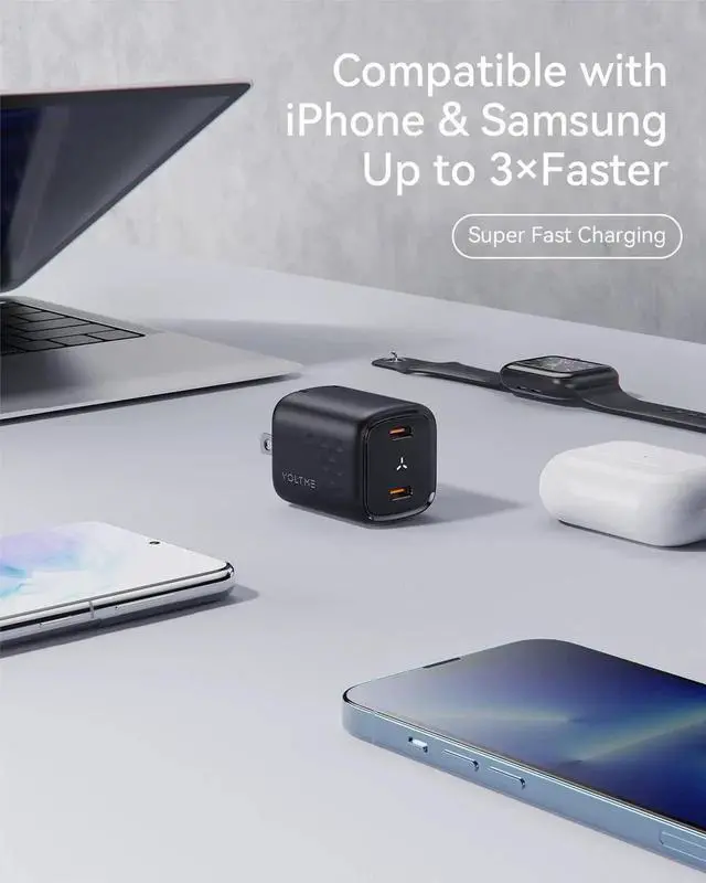 Alt view image 6 of 6 - USB C Charger 30W Fast Charger Block 2 Port Compact Charger with Foldable Plug for MacBook Air iPhone 14 Pro/14 Pro Max/13/12 Pixel Galaxy iPad/iPad mini and More