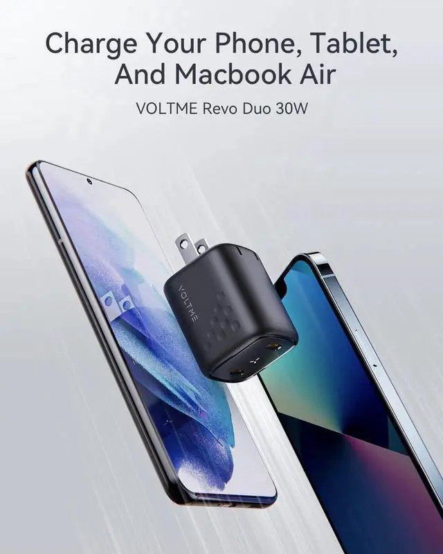 Alt view image 3 of 6 - USB C Charger 30W Fast Charger Block 2 Port Compact Charger with Foldable Plug for MacBook Air iPhone 14 Pro/14 Pro Max/13/12 Pixel Galaxy iPad/iPad mini and More