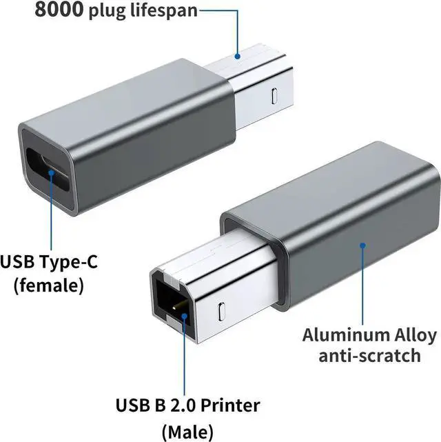 Alt view image 5 of 6 - JAENFONG USB C Female to Printer Male Adapter (2-Pack) USB Type C to USB B Convert Connector Support Data Sync Compatible with Brother HP Canon Lexmark Epson Xerox etc and Piano DAC (Grey)