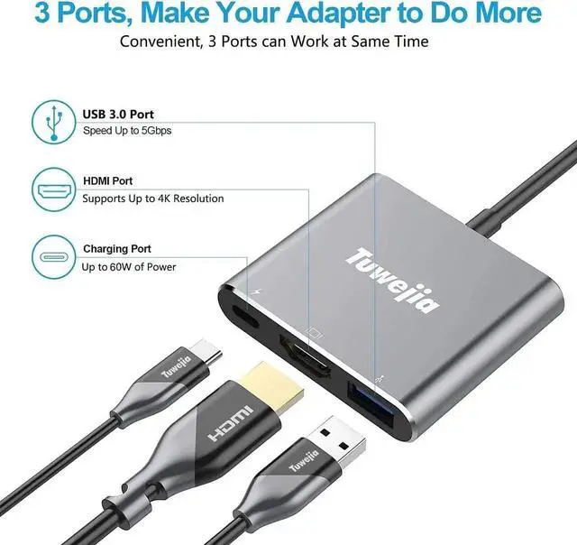 Alt view image 2 of 7 - JAENFONG USB C to HDMI Multiport Adapter USB 3.1 Gen 1 Thunderbolt 3 to HDMI 4K Video Converter/USB 3.0 Hub Port PD Quick Charging Port with Large Projection
