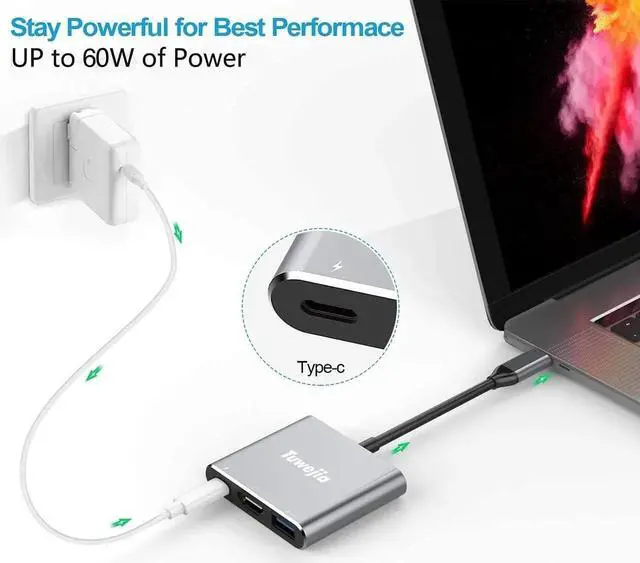 Alt view image 4 of 7 - JAENFONG USB C to HDMI Multiport Adapter USB 3.1 Gen 1 Thunderbolt 3 to HDMI 4K Video Converter/USB 3.0 Hub Port PD Quick Charging Port with Large Projection